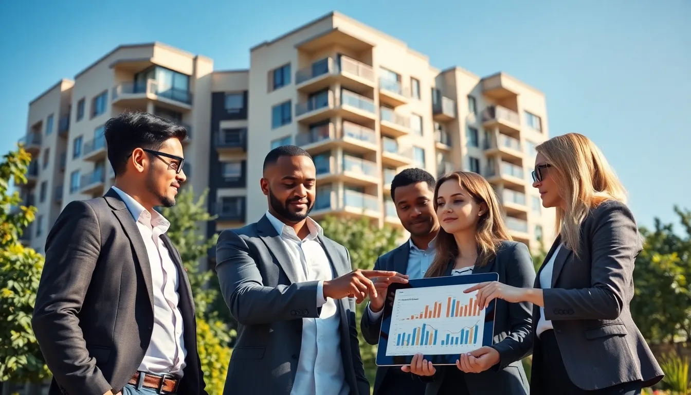 professionals discussing multi-family real estate investment in an urban setting.