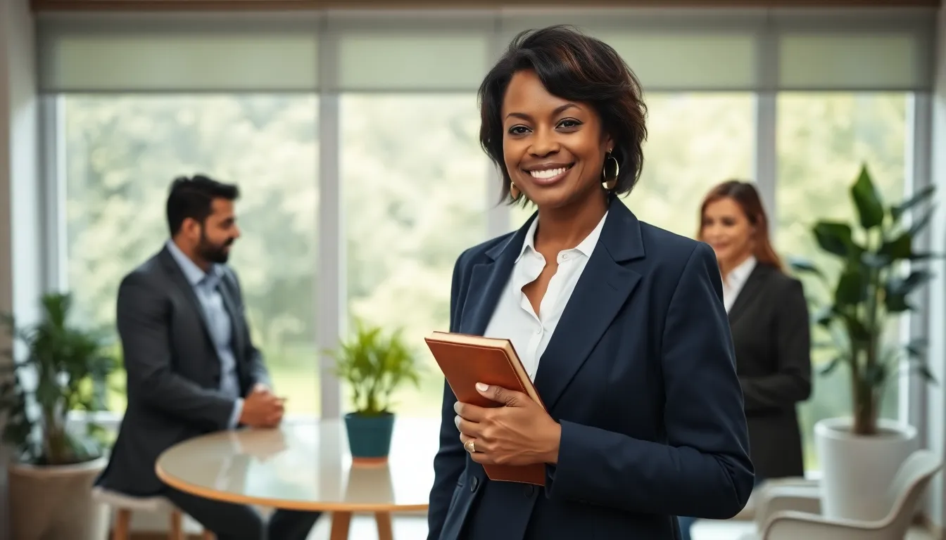 a confident woman leading a peaceful meeting in a bright office setting.