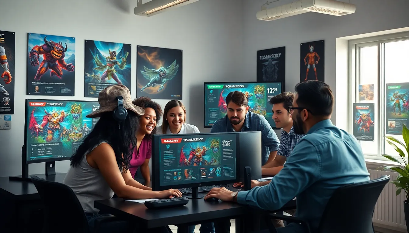 diverse team collaborating in a modern game development studio.