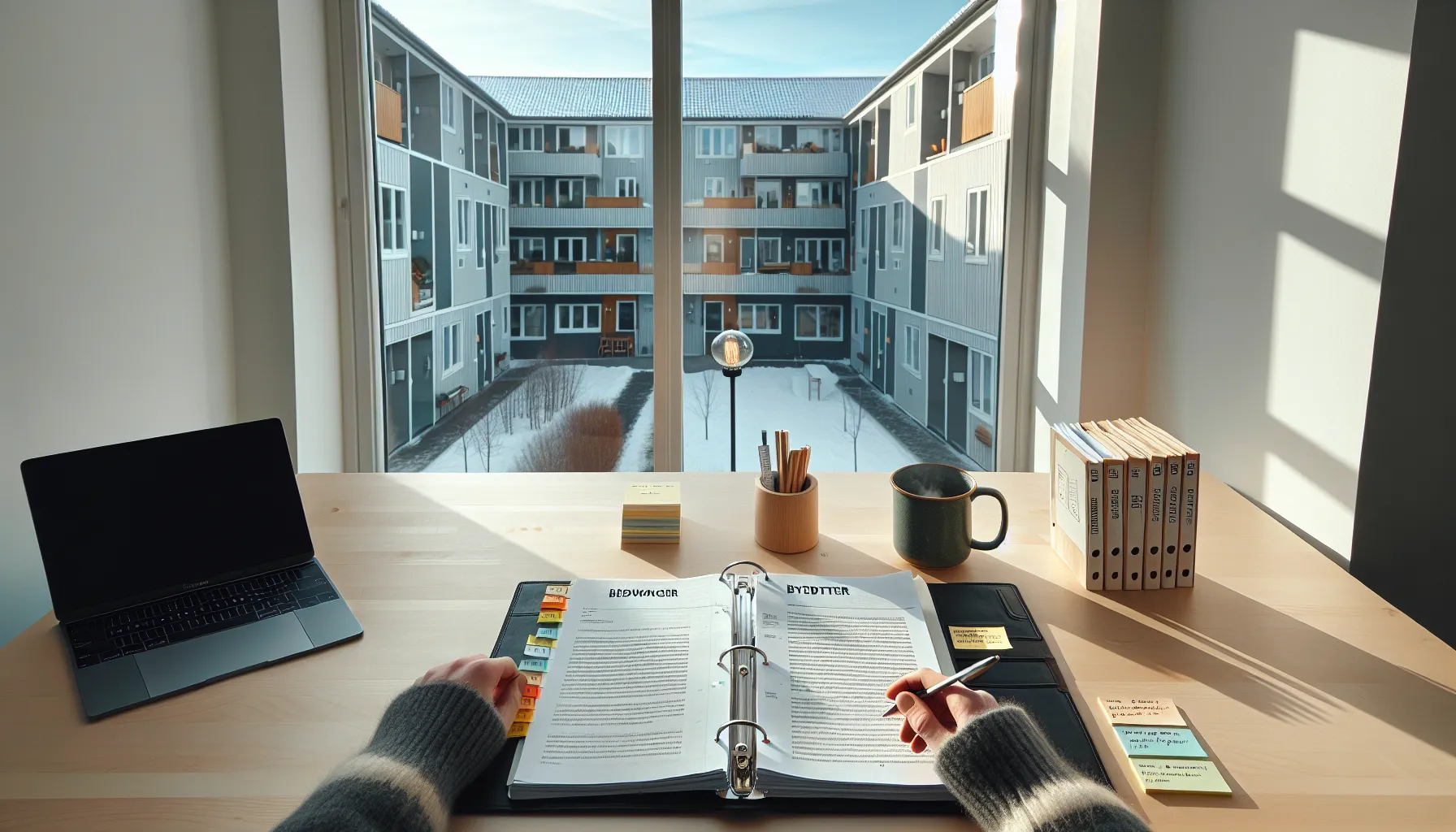 Norwegian housing co-op bylaws open with tabs and highlighted key phrases.