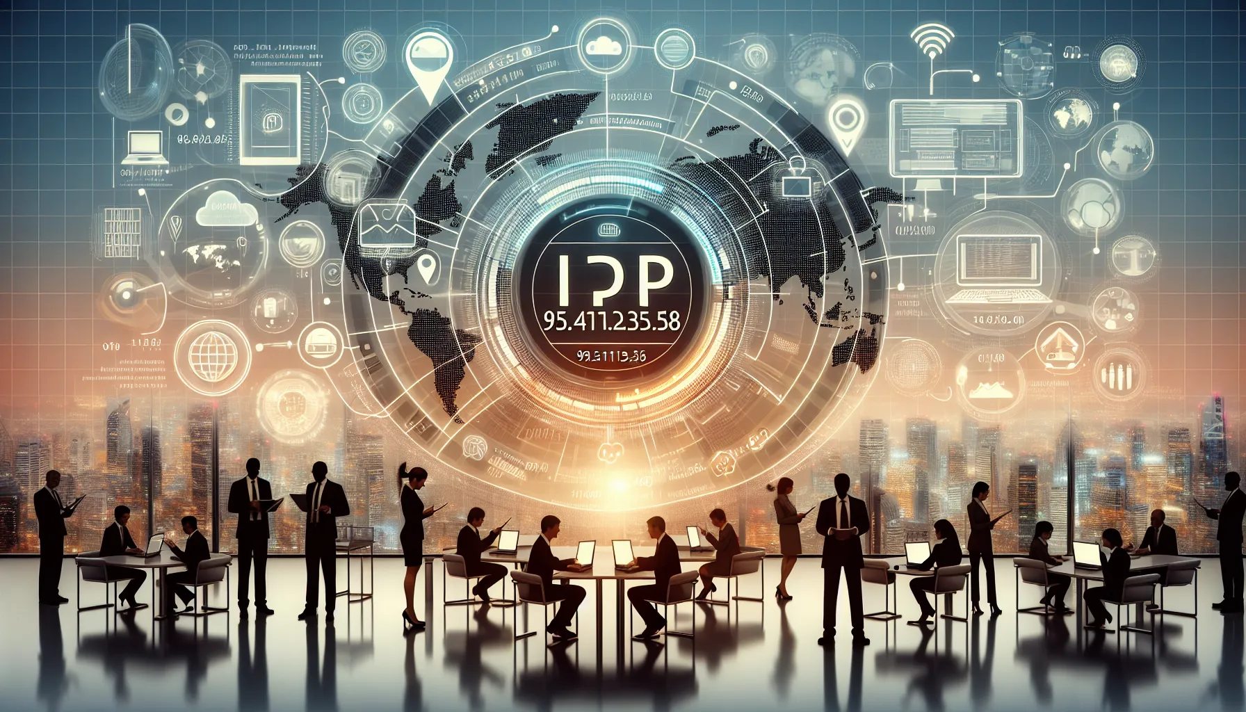 Infographic illustrating the concept of an IP address with devices and professionals.