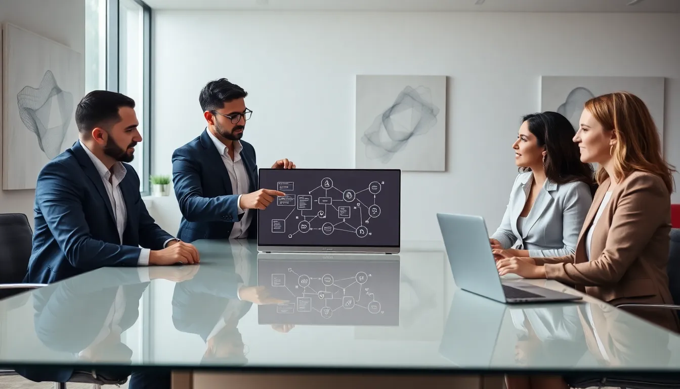 Diverse professionals discussing blockchain technology in a modern office.