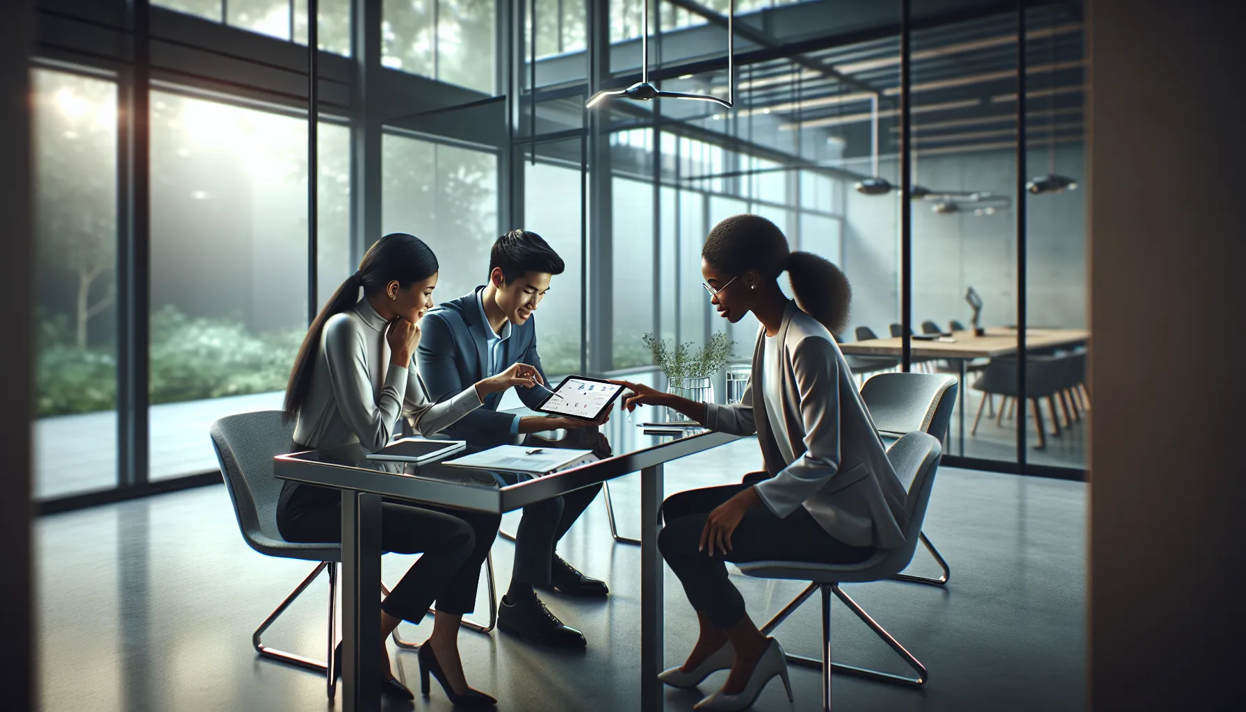 professionals discussing the UStudyBytes app in a modern office.