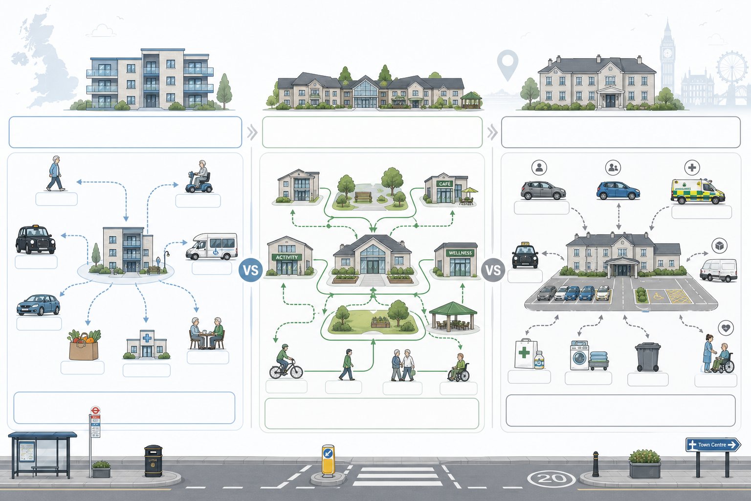 Comparison infographic of transport patterns for extra care, retirement villages, and care homes.