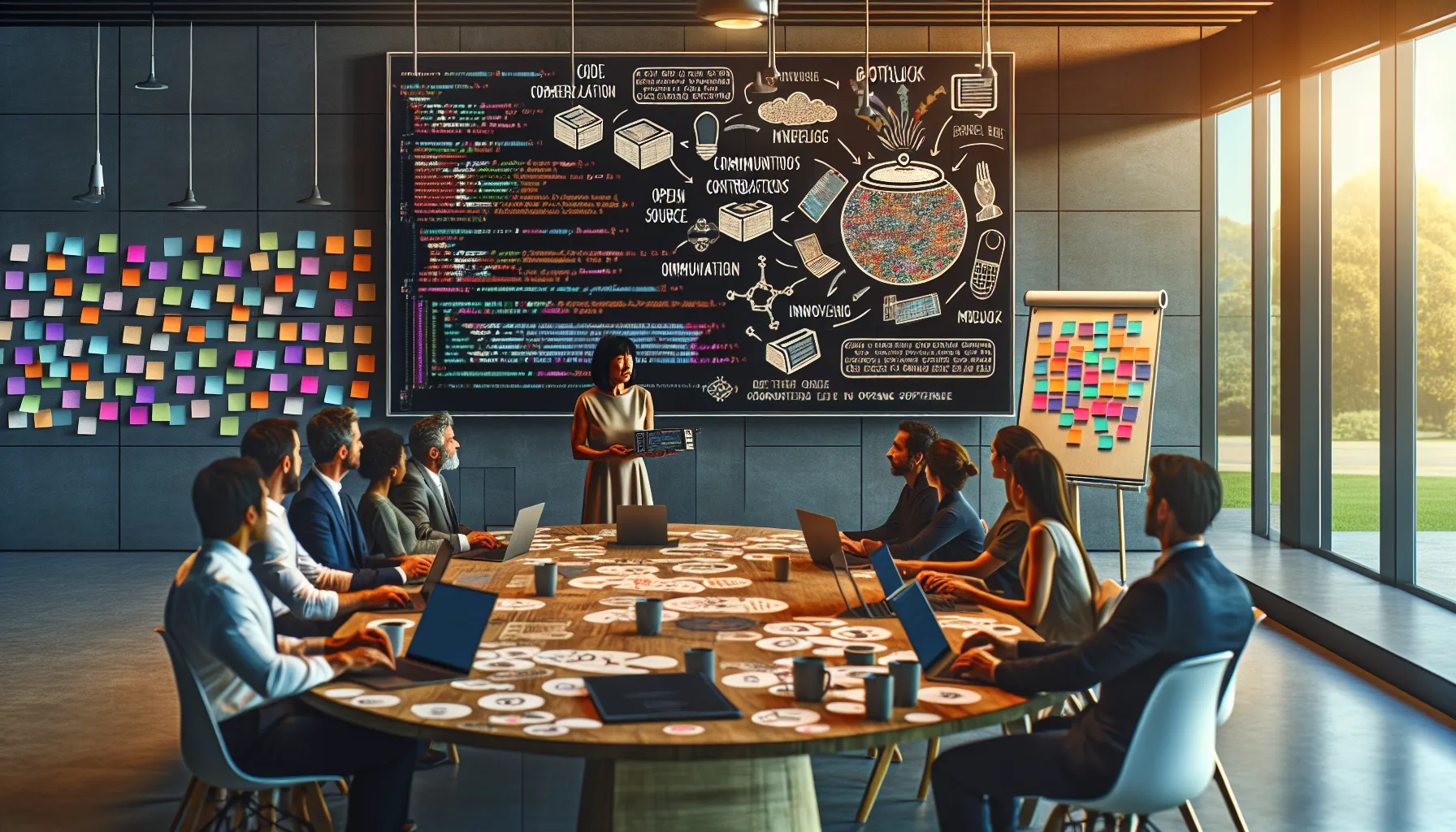 diverse team discussing open source software in a bright office setting.