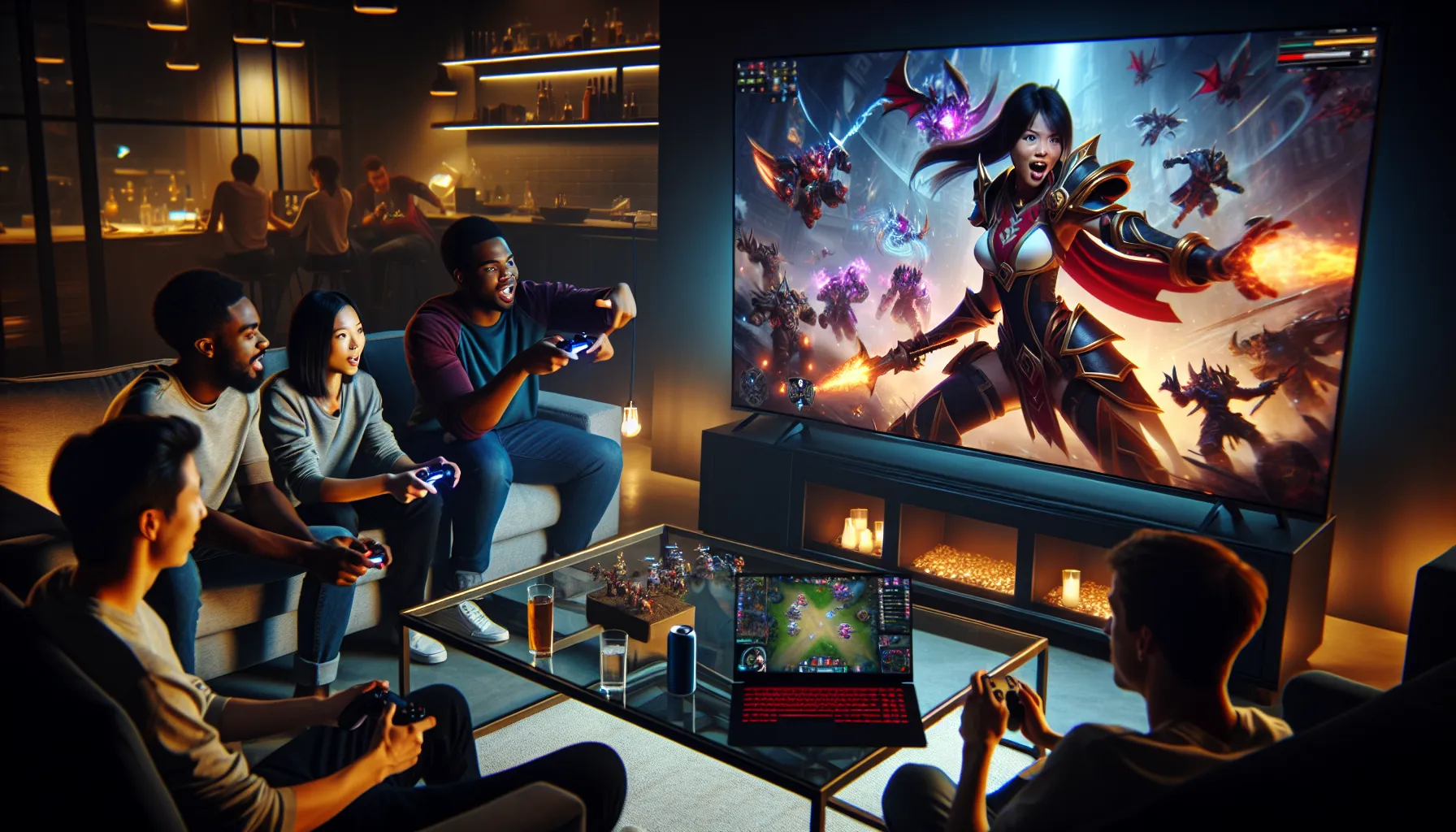 diverse gamers collaborating in a modern living room playing Warcraft on PS5.