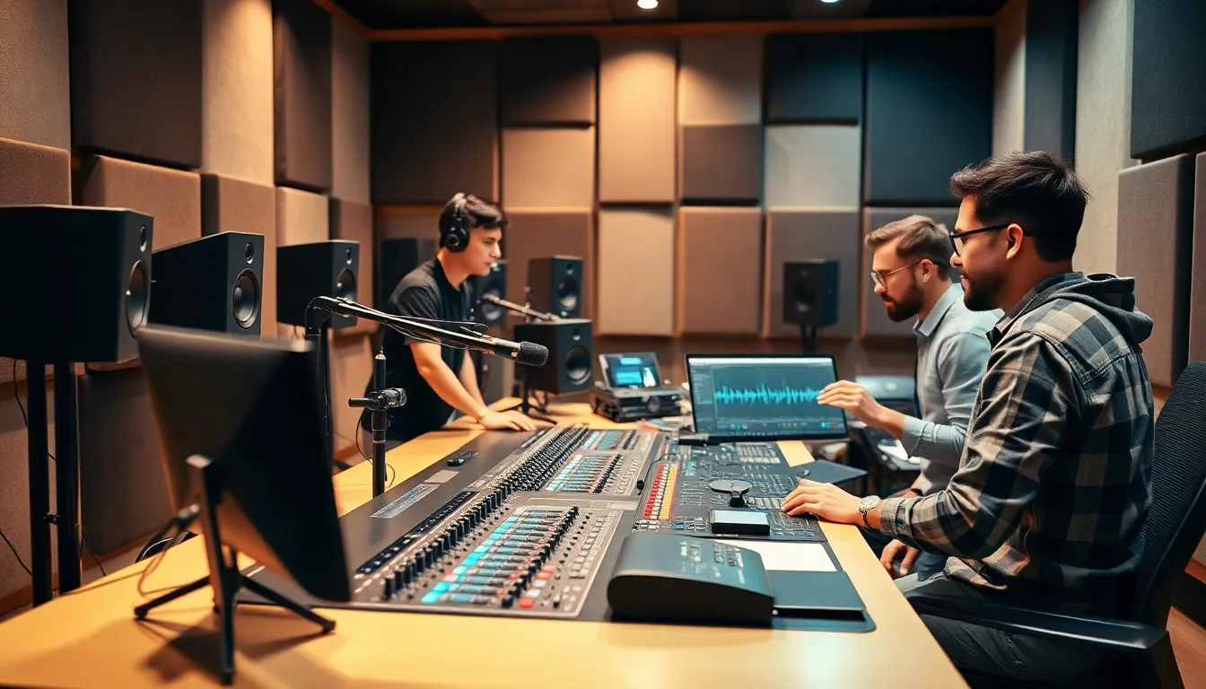 professionals collaborating in a modern sound engineering studio.