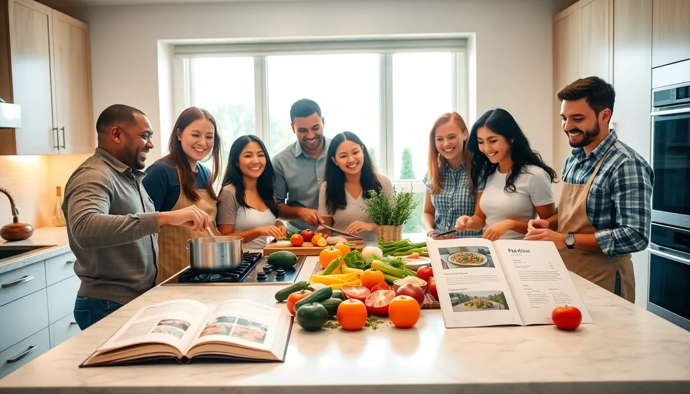 diverse friends enjoying a joyful cooking session in a modern kitchen.
