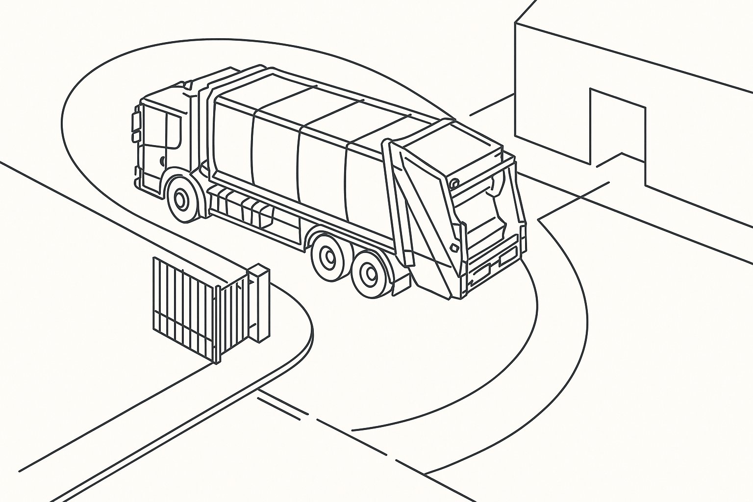 Large service vehicle turning through a tight site entrance.