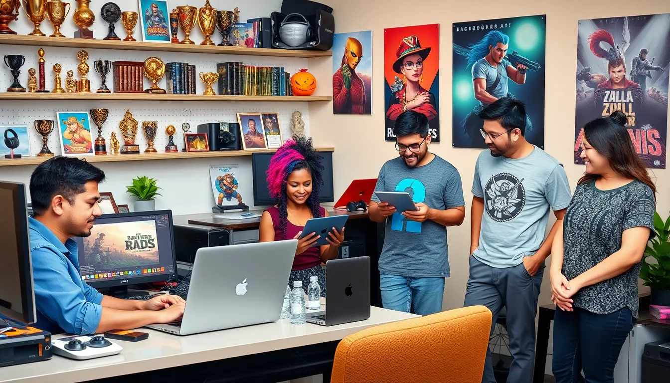 a diverse gaming team collaborating in a vibrant office space.