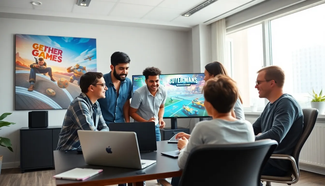 diverse team of game developers collaborating in a bright office.