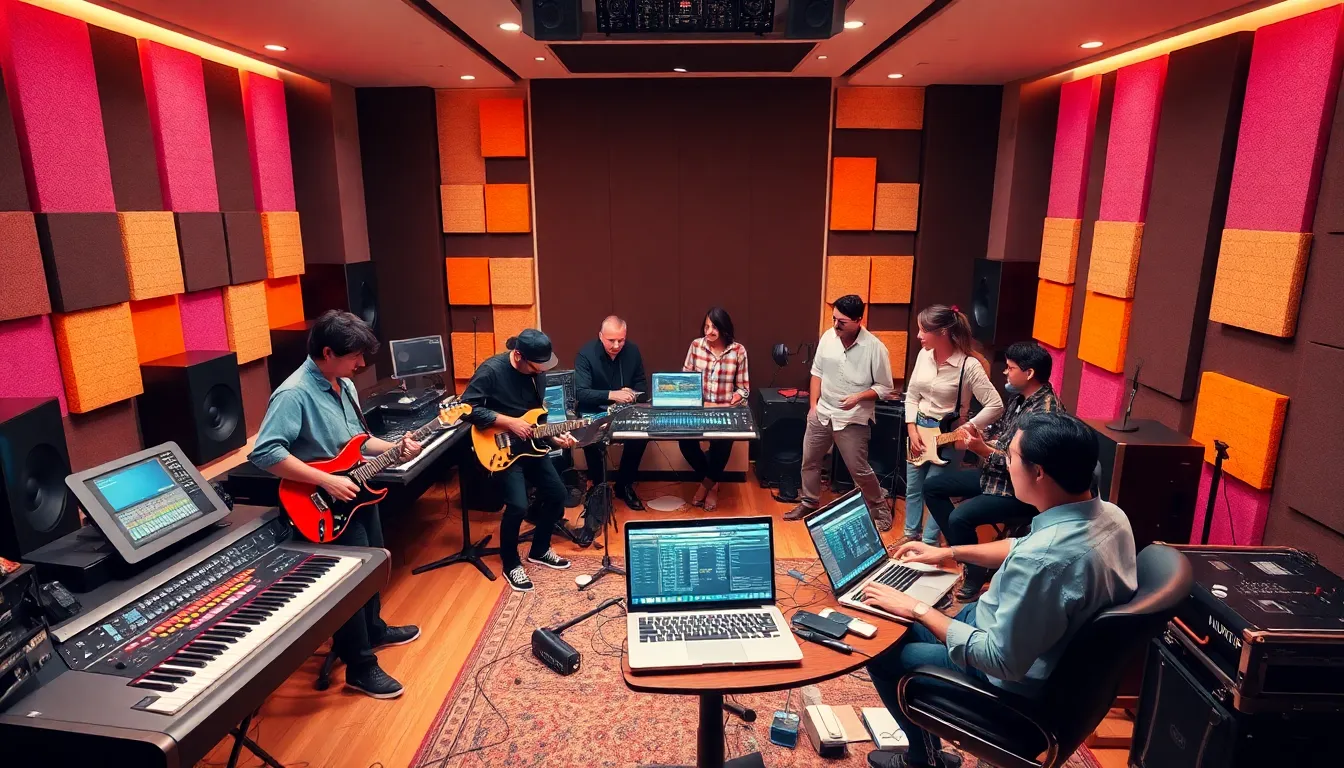 diverse artists collaborating in a modern music studio.