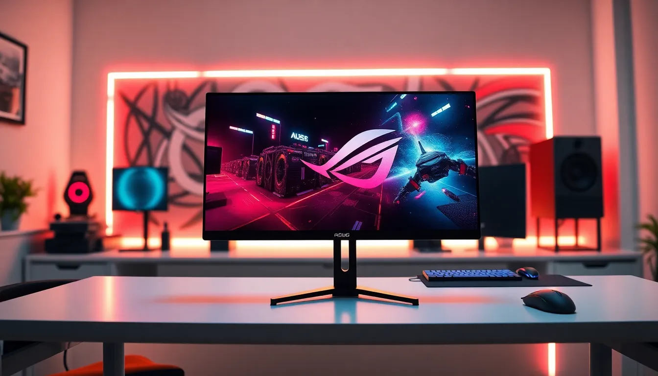 modern gaming setup featuring an Asus ROG monitor.