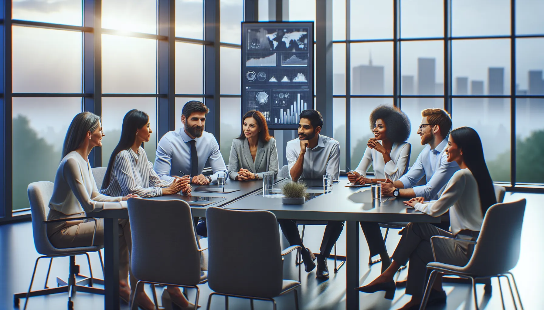 diverse professionals discussing ideas in a modern office setting.