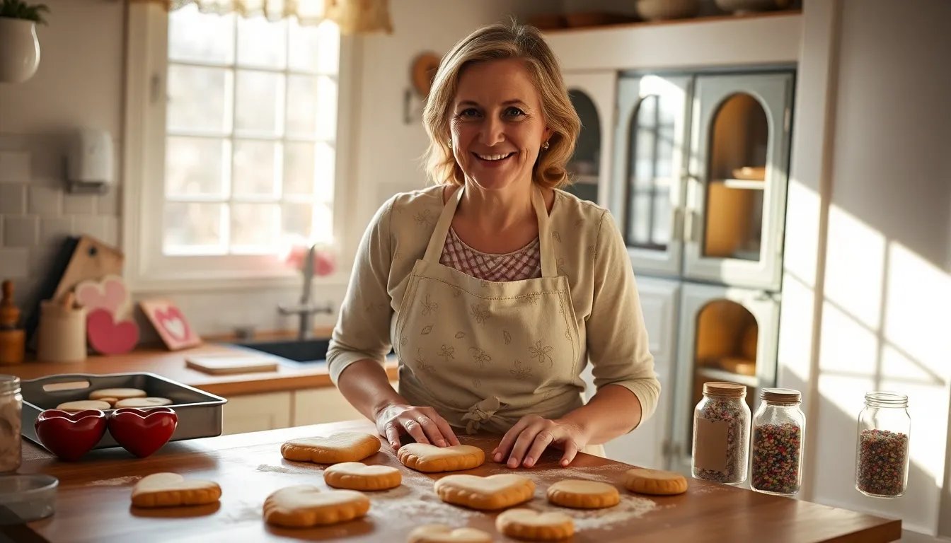 a woman baking heart-shaped cookies in a cozy kitchen.