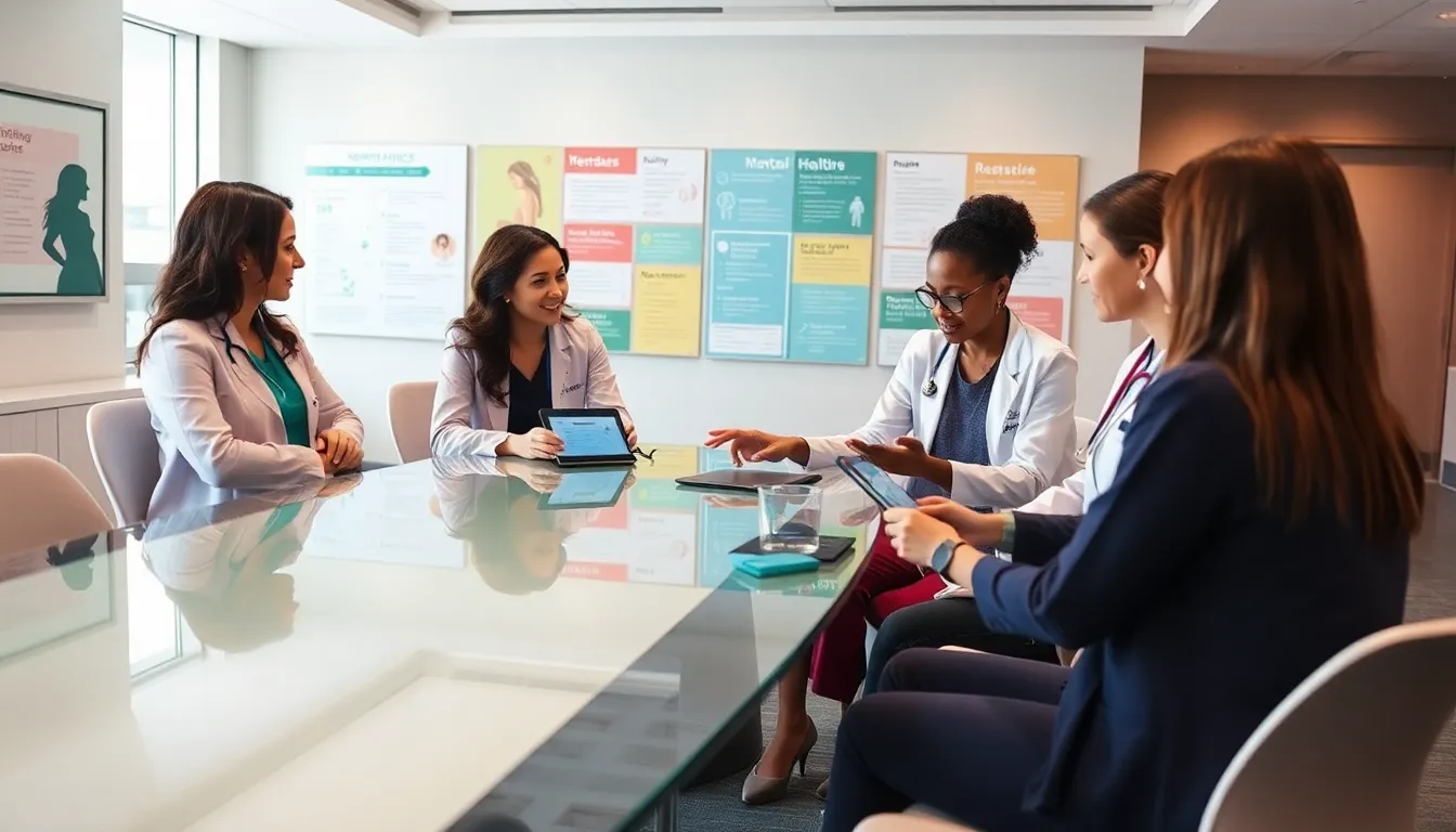 diverse healthcare team collaborating in a modern women's health pavilion.
