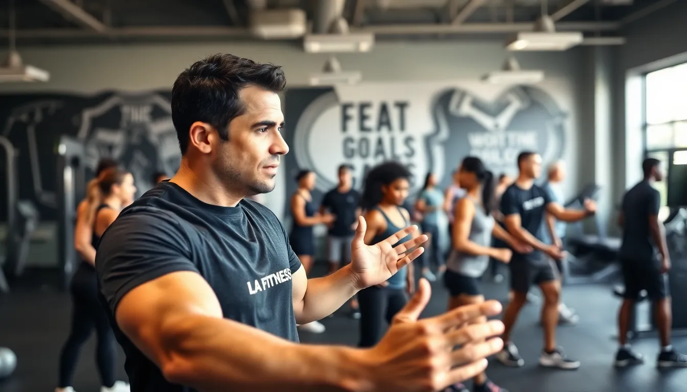 Personal trainer working with a client in a modern gym setting.