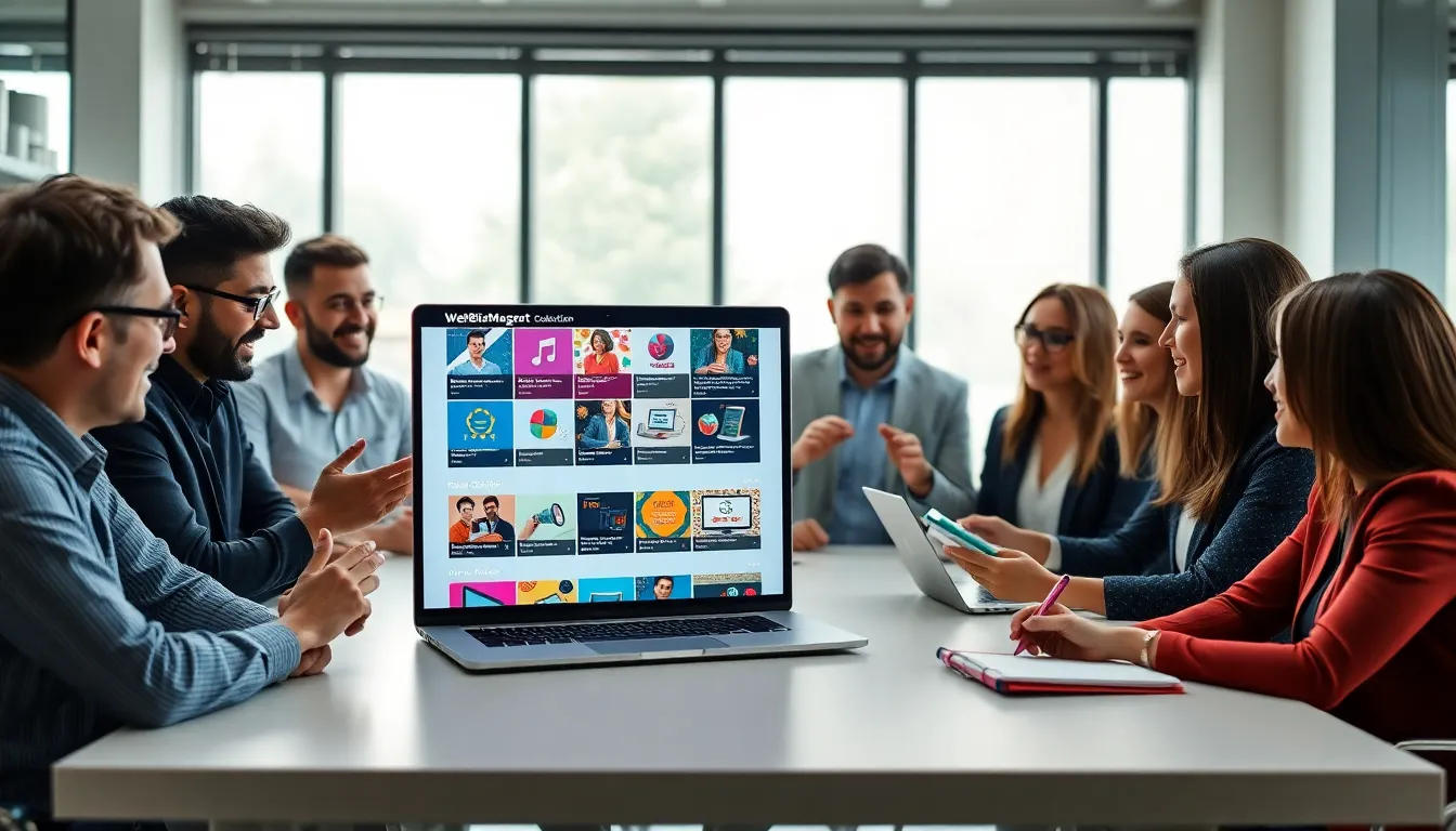 diverse team exploring digital resources on a laptop in a modern office.