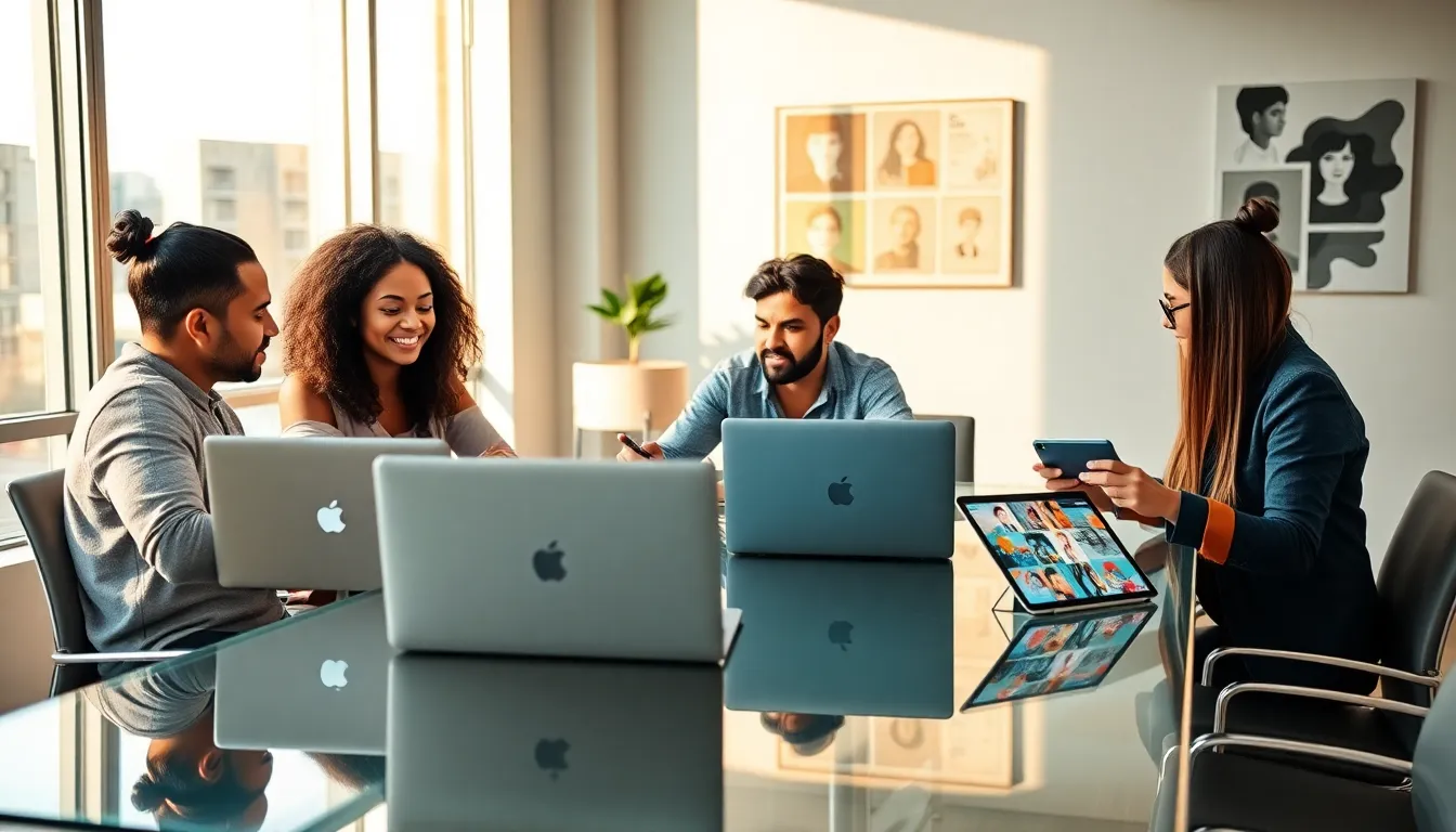 diverse team collaborating in a modern digital workspace.