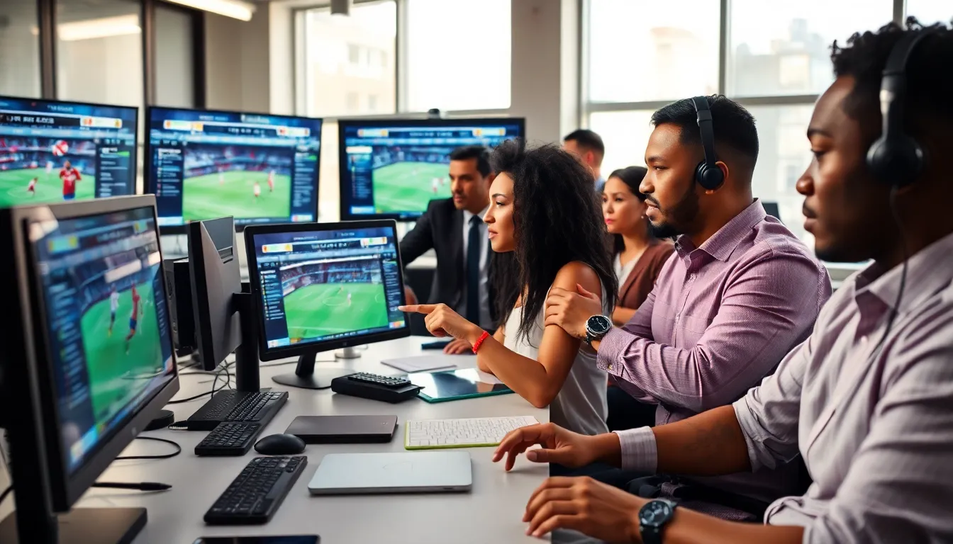 diverse journalists in a modern newsroom discussing football coverage.
