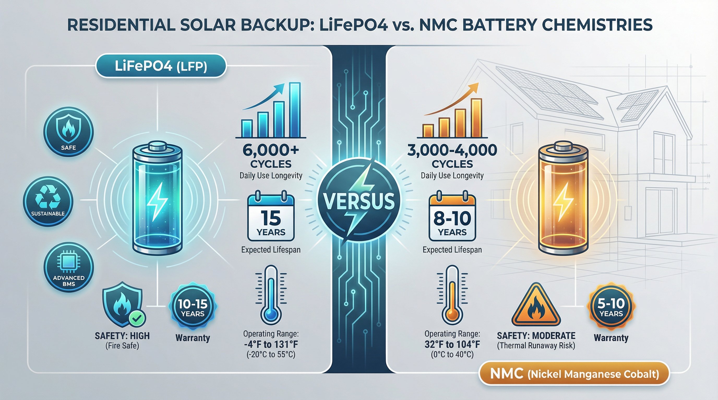 Comparison chart of LiFePO4 versus NMC battery chemistry for home solar backup systems.