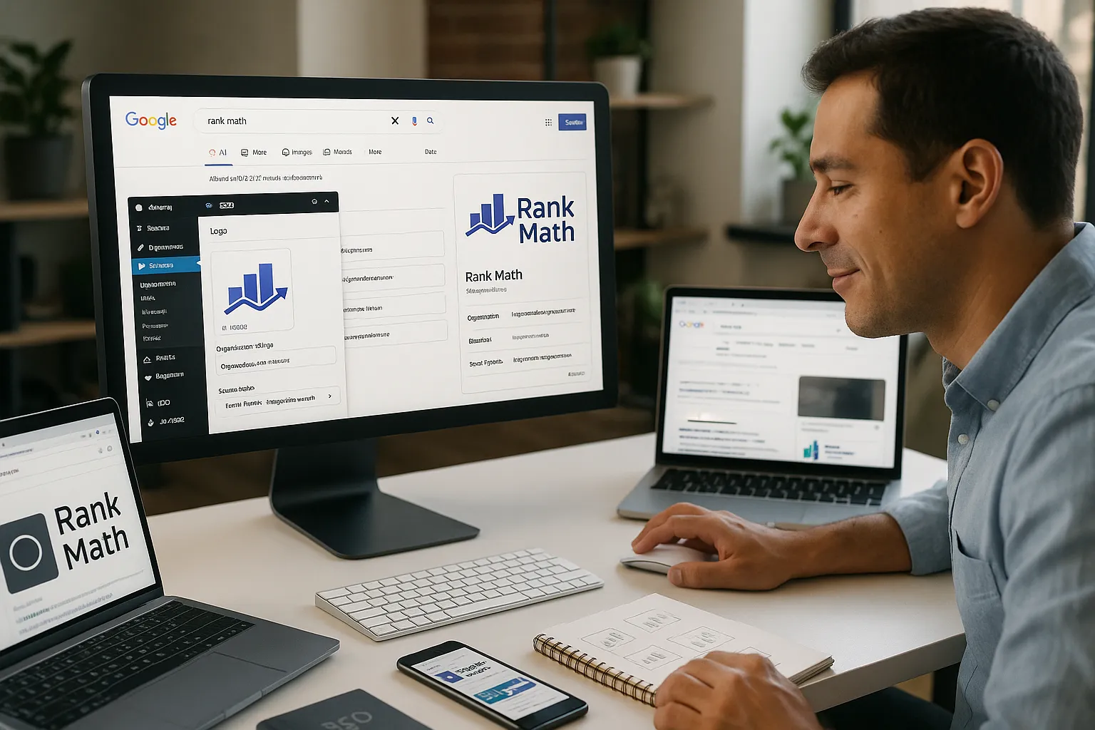 Marketer reviews consistent Rank Math SEO logo across Google results and social previews.