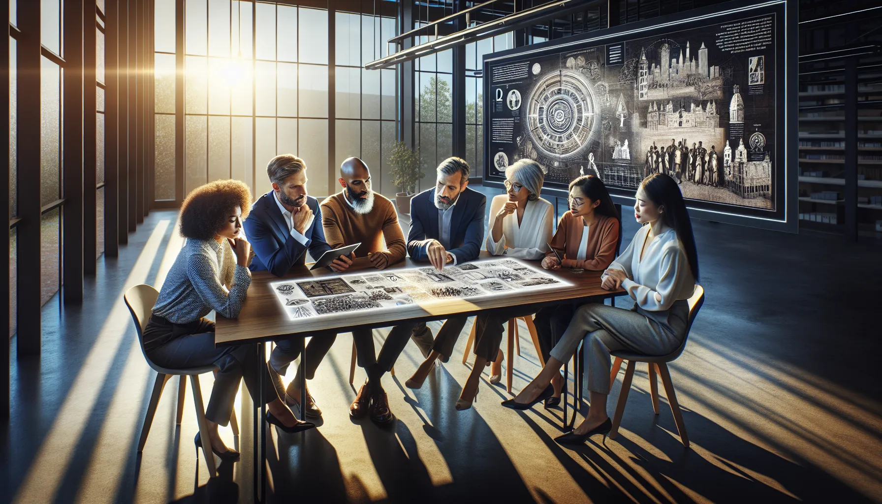 diverse professionals discussing history in a modern office setting.