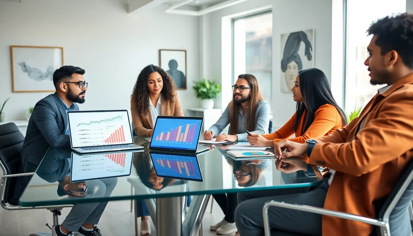 diverse millennials discussing financial planning in a modern office.