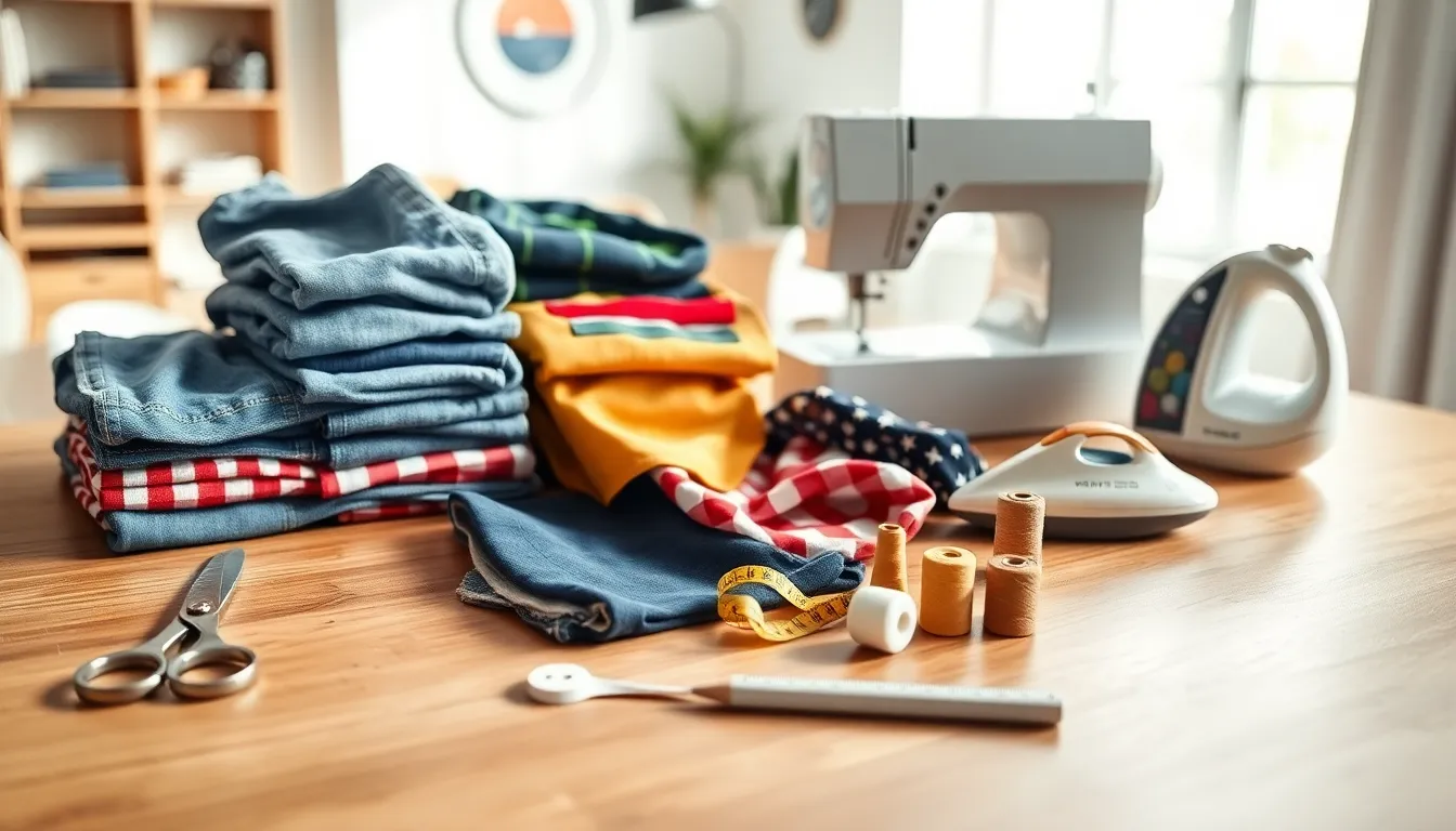 Upcycling tools and old clothes arranged on a modern table.