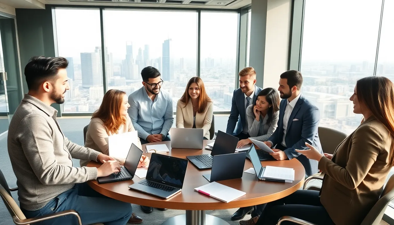 diverse professionals collaborating in a modern office setting.