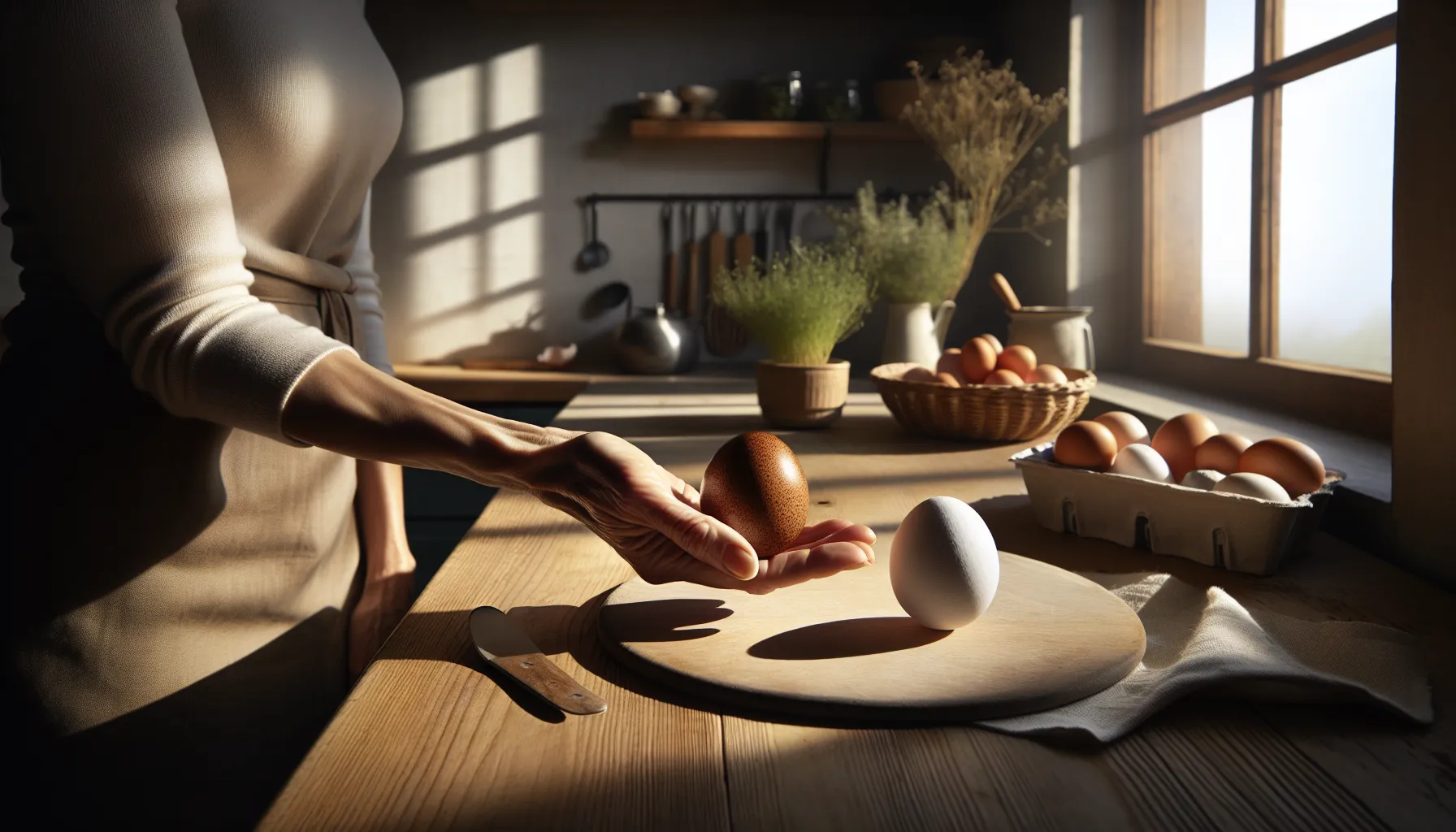 a hand holding a brown egg next to a white egg on a kitchen countertop.