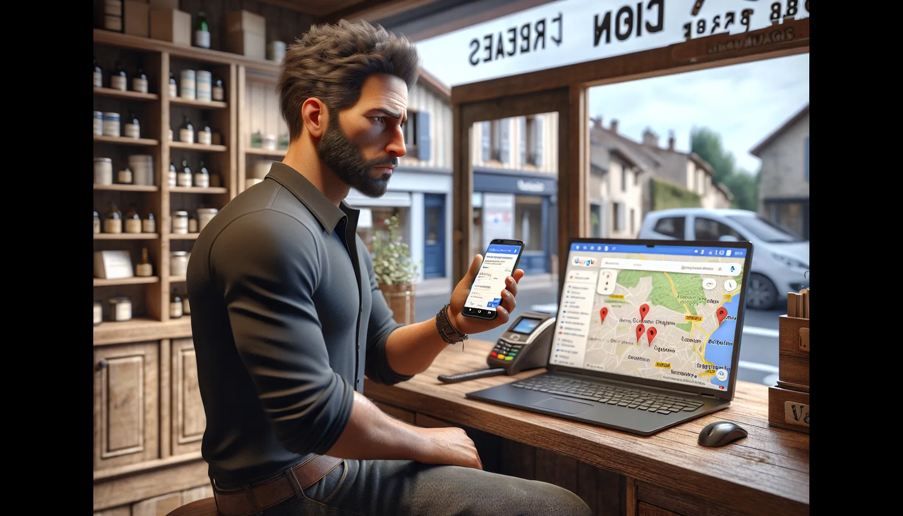 Local business owner in Lognes checking his Google search and Maps rankings.