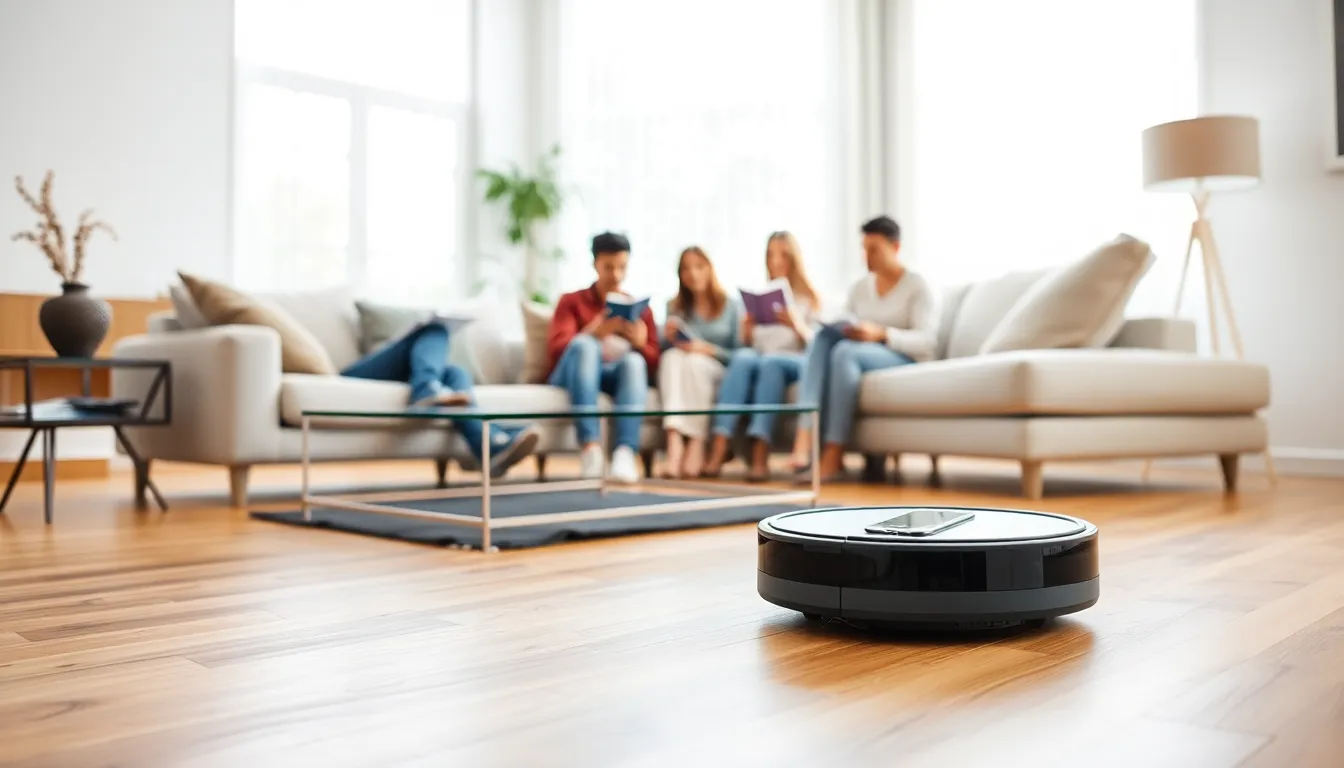 robot vacuum cleaning in a modern living room with family relaxing.