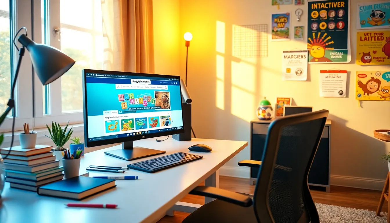 A modern home office showcasing the ImagineerGames.com interface on a laptop.