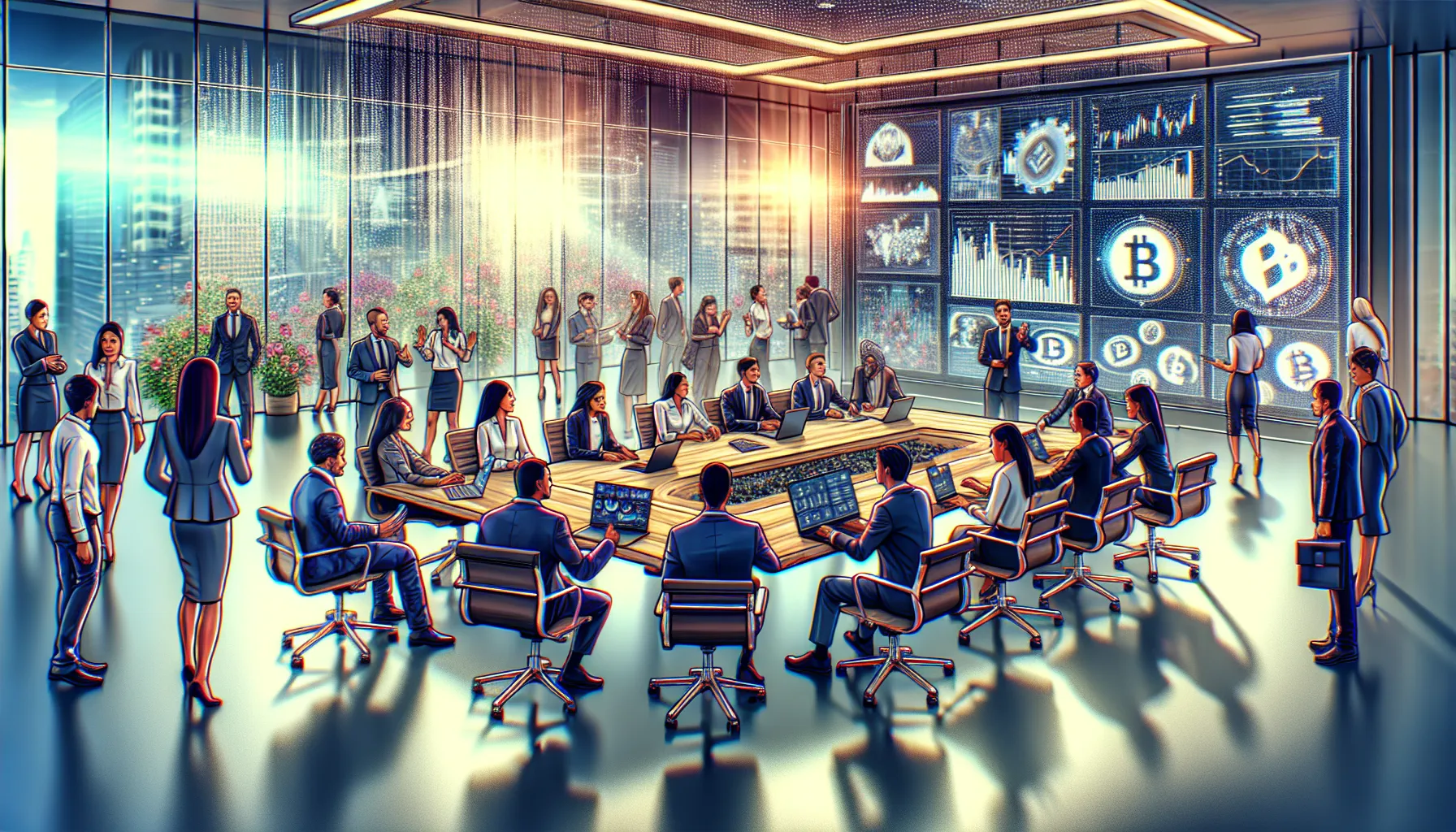 professionals discussing cryptocurrency trends in a modern office setting.