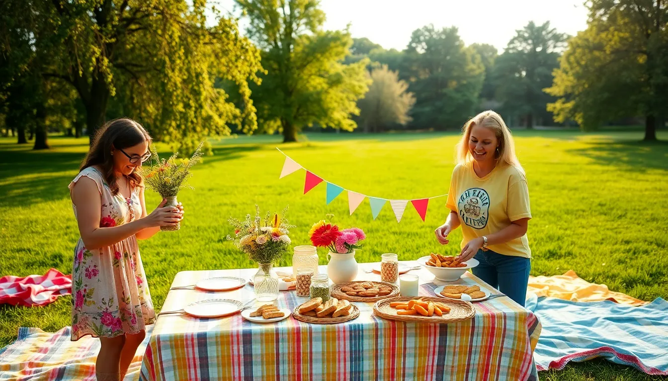 a group of friends setting up a thrifty outdoor gathering in a park.