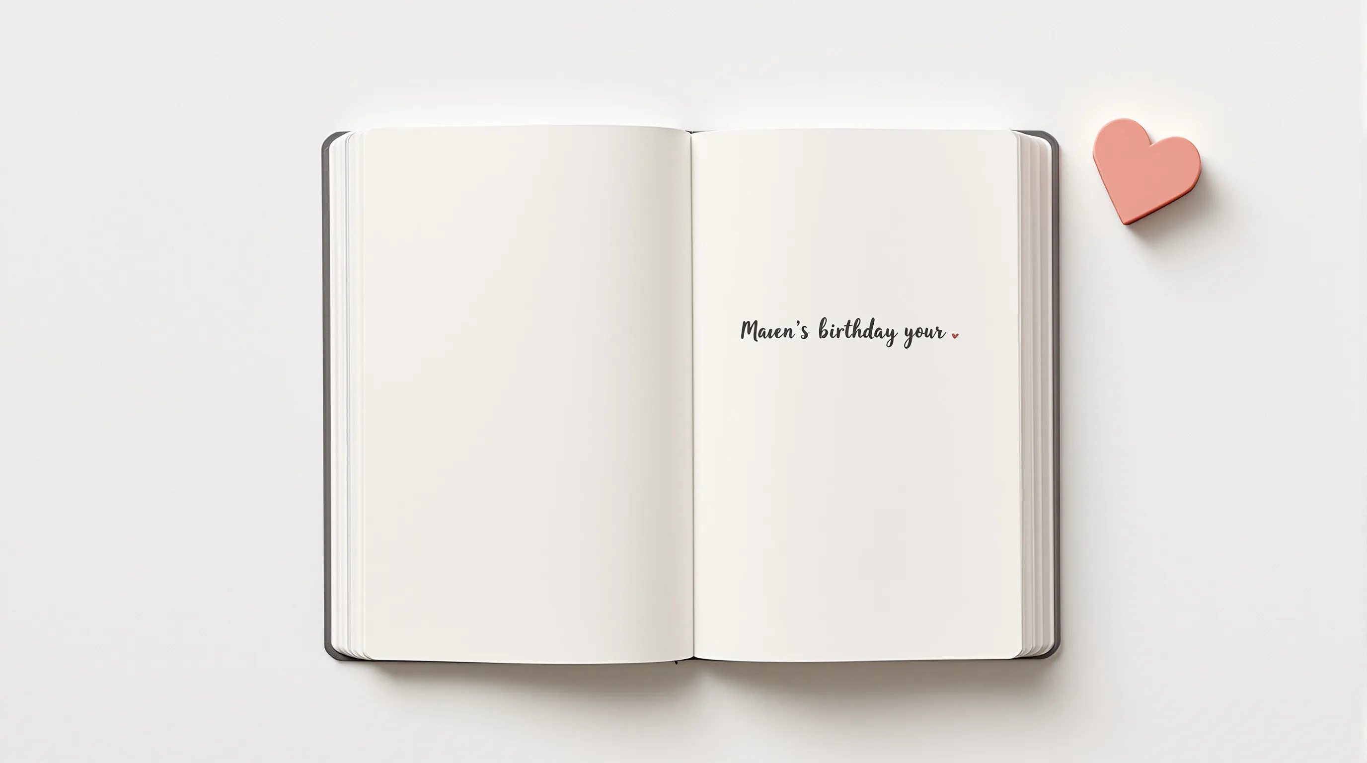 Open notebook with handwritten line and small heart shape on white background.
