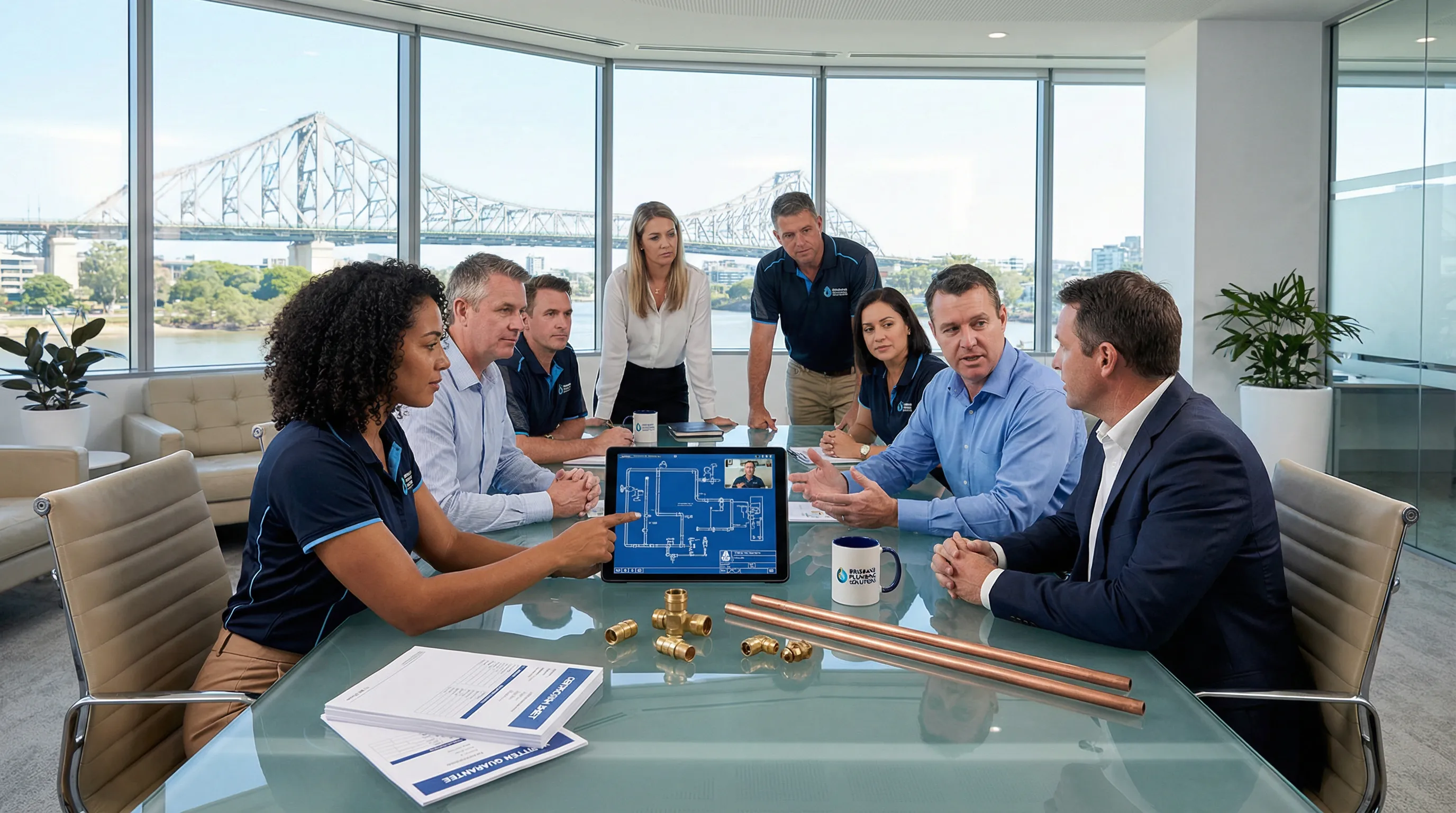 Professional plumbers discussing reliable solutions in a modern Brisbane office.