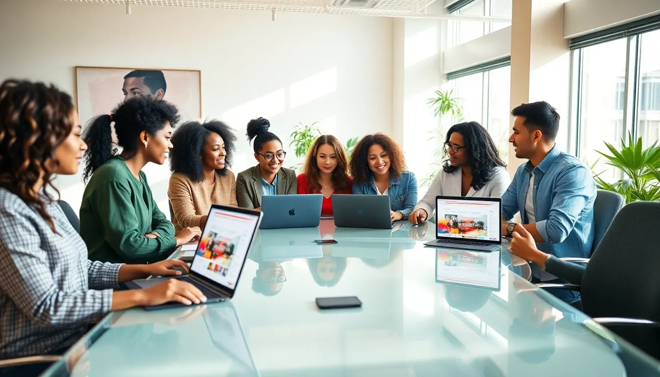 diverse group collaborating in a modern workspace, focused on creativity.