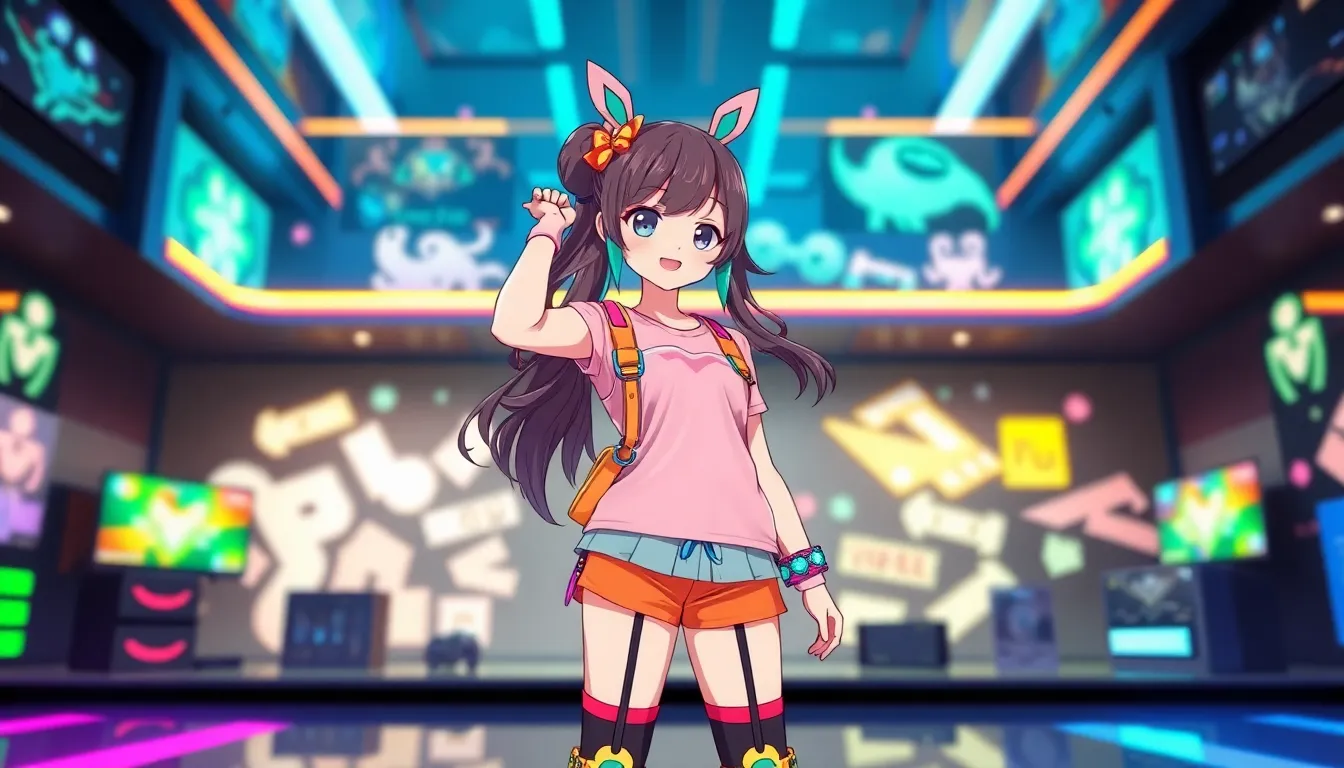 Anime-style Vtuber Cute00Kiara in a vibrant, playful digital environment.