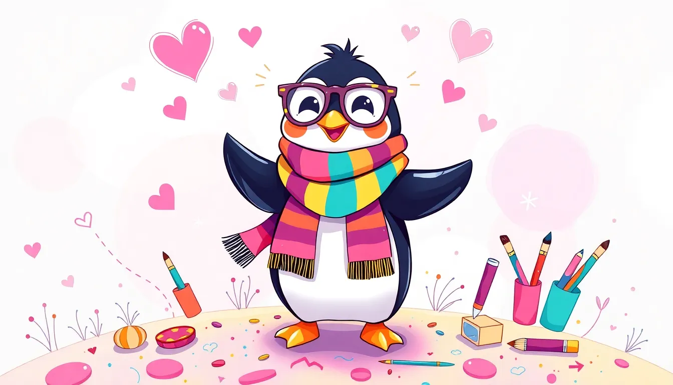 colorful illustration of cutesypenguin95 in a whimsical, artistic landscape.