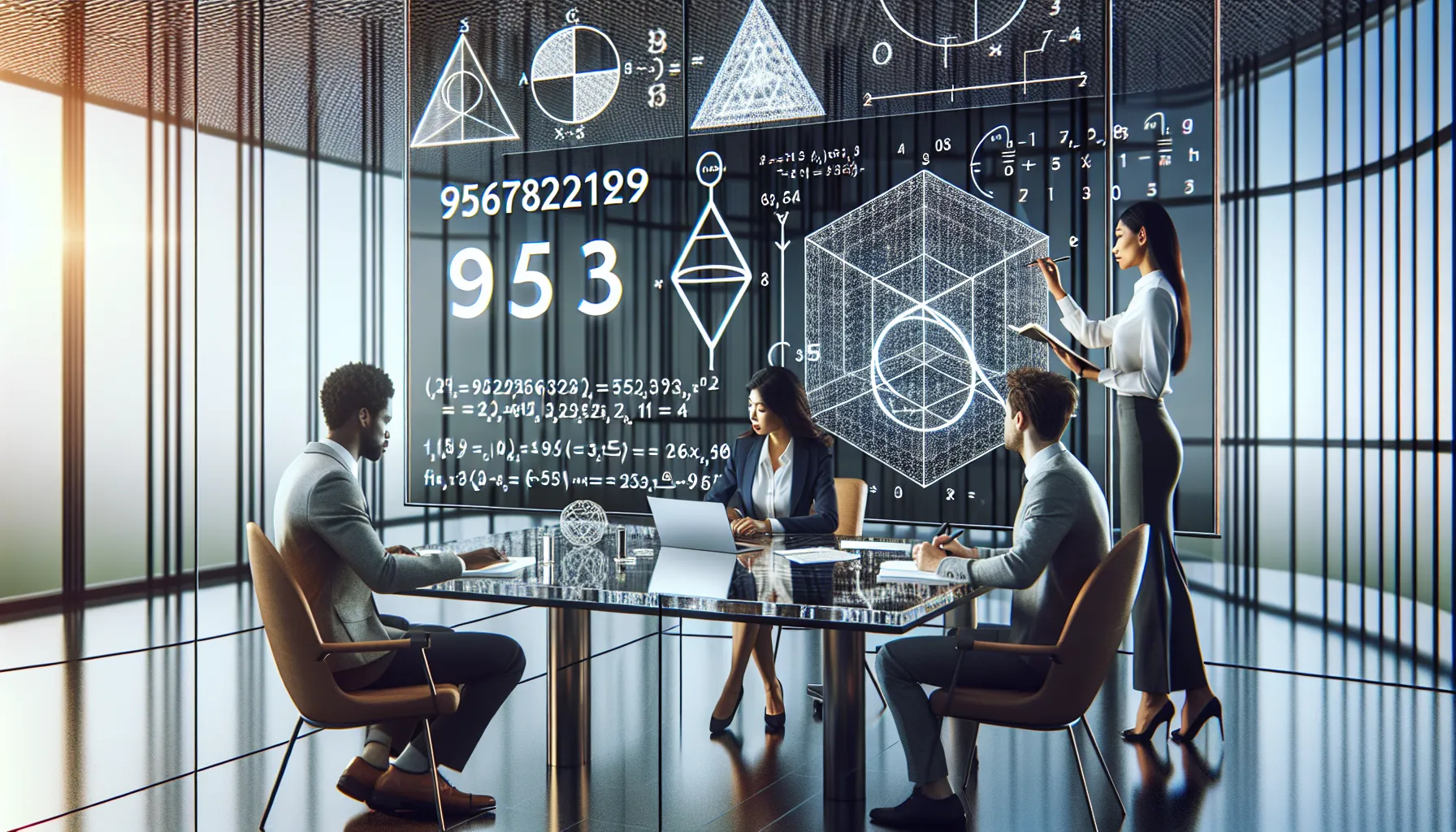 diverse team analyzing mathematical concepts in a modern office.