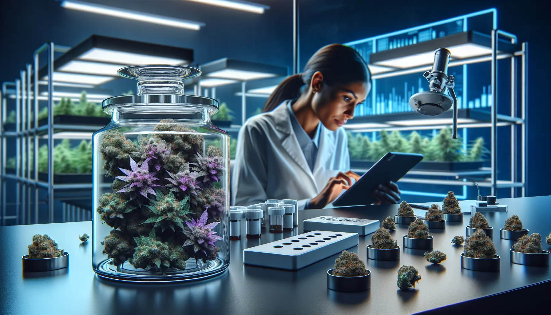 A scientist in a lab examining hybrid cannabis strains under advanced lighting.