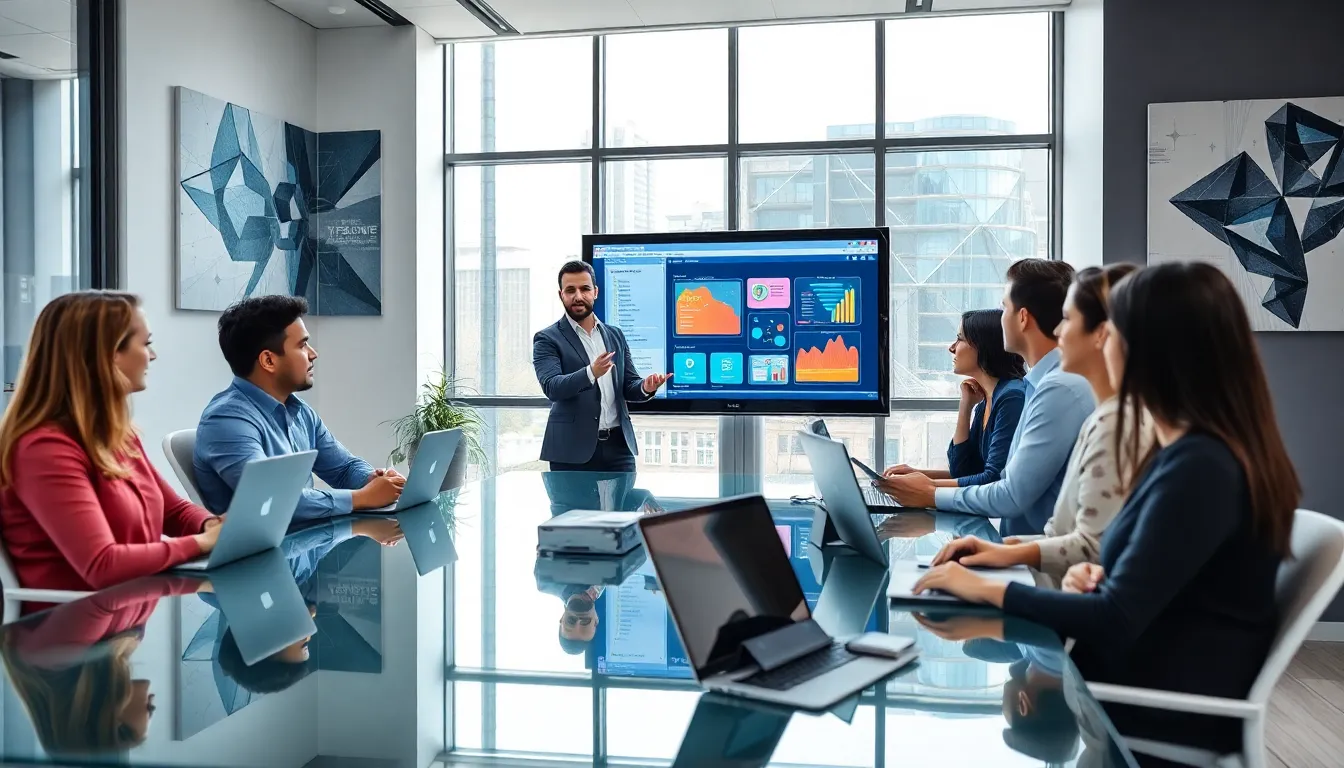 diverse team collaborating on software development solutions in a modern office.