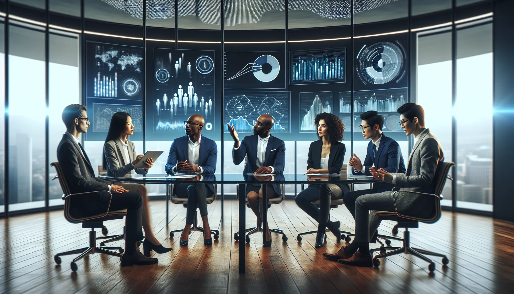 professionals discussing data analytics in a modern office.