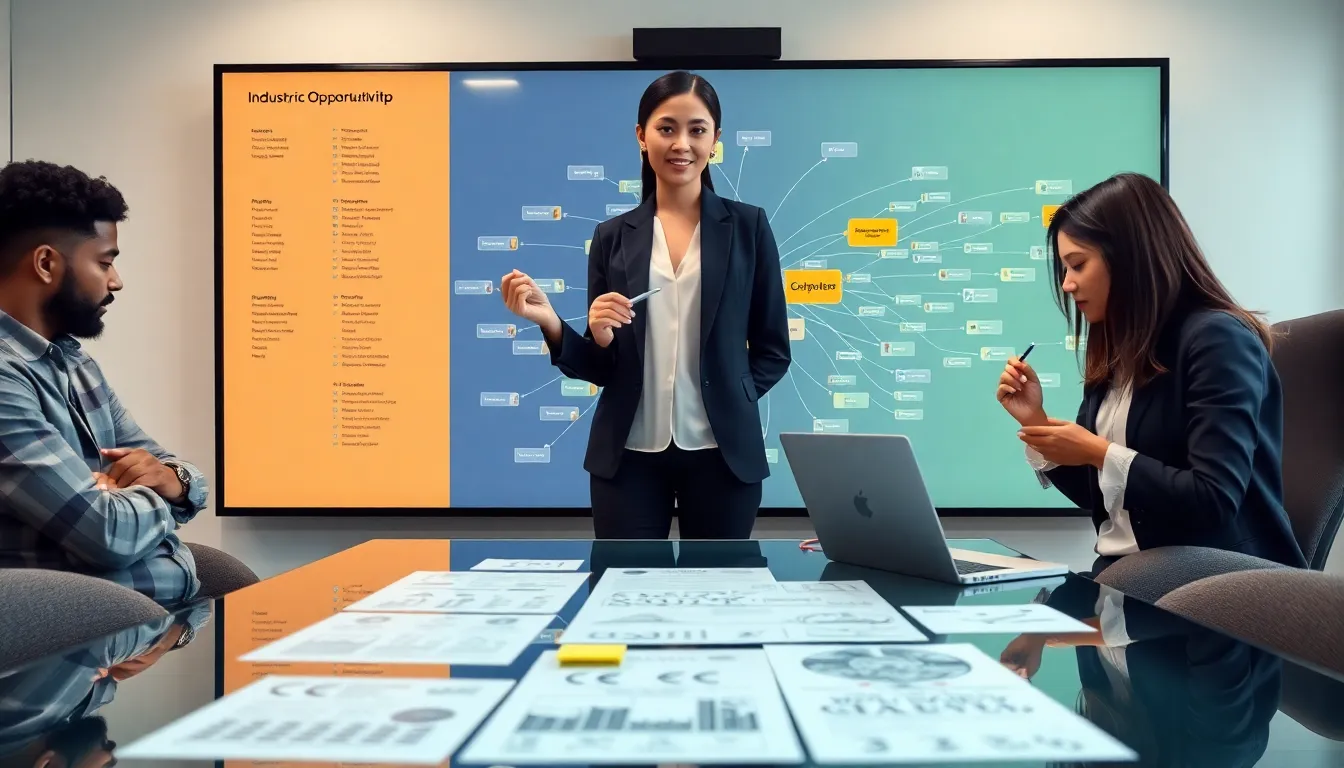 Product manager pointing at a digital industry map with team collaborating around table.