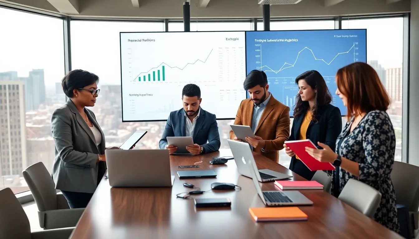 a diverse team discussing hardware web technologies in a modern office.