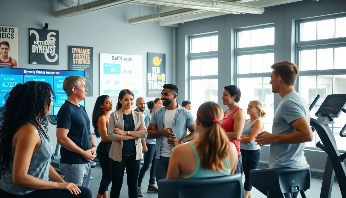 diverse group discussing fitness resources in a modern gym