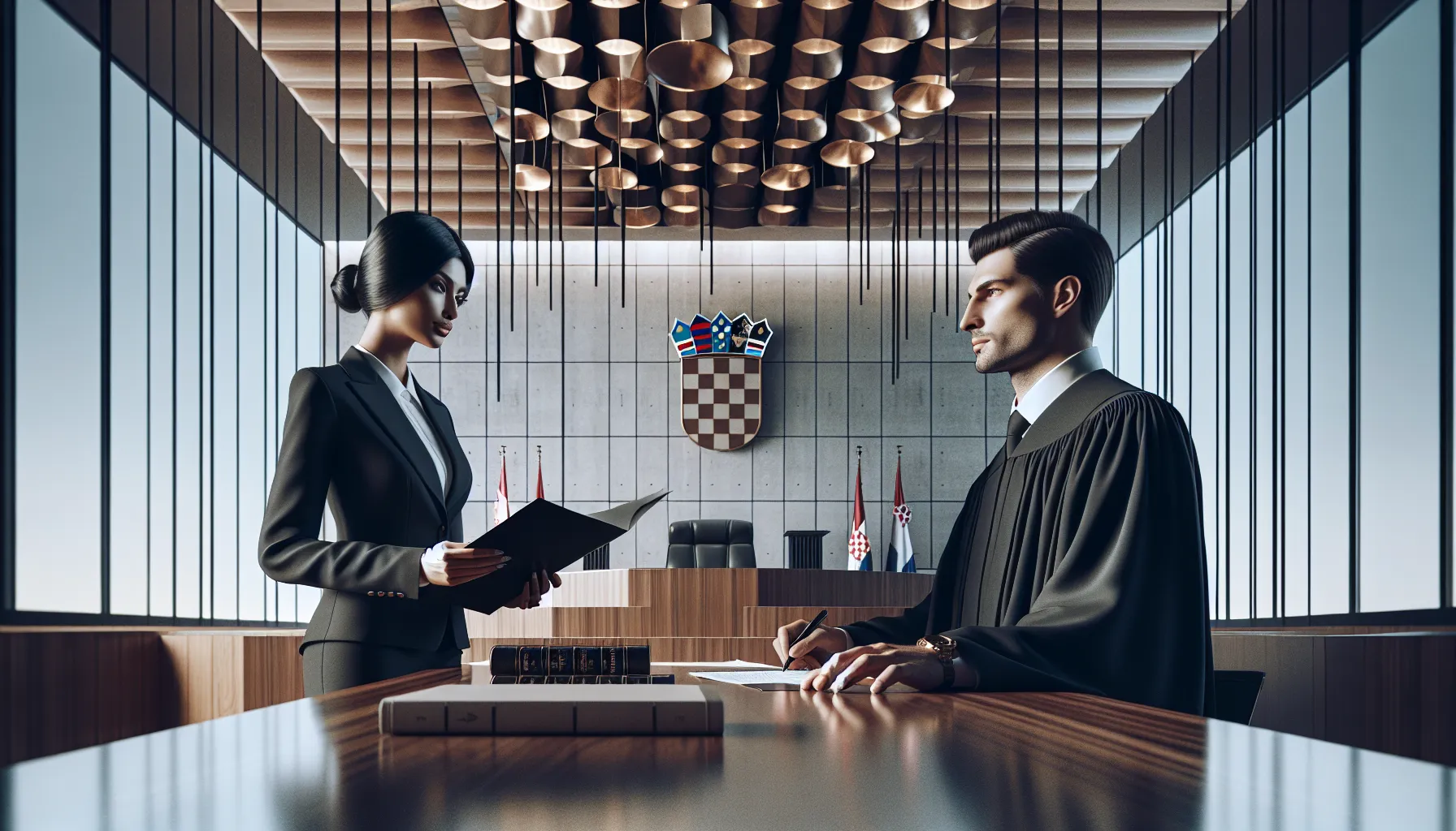 Croatian lawyer presenting documents to a judge in a modern courtroom setting.