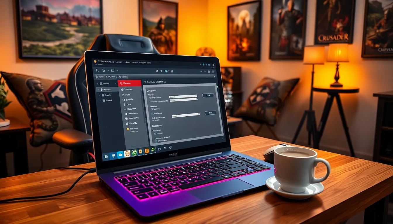 a gamer using CK2Generator to customize characters on a laptop.